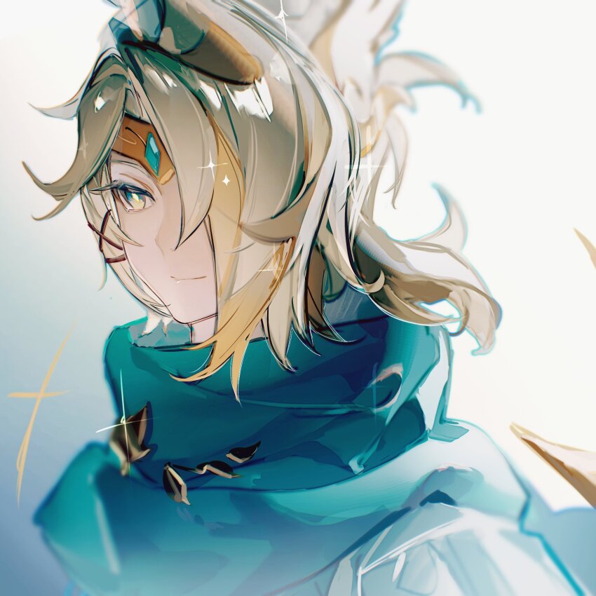 1boy aqua_eyes aqua_scarf blonde_hair bright_pupils circlet closed_mouth commentary cookie_run cookie_run:_kingdom english_commentary gradient_background hair_ornament hair_over_one_eye highres humanization looking_ahead male_focus medium_hair official_alternate_costume official_alternate_hair_color portrait scarf senlly_2507 sherbet_cookie sherbet_cookie_(celestial_messenger) simple_background smile solo sparkle white_background white_pupils x_hair_ornament