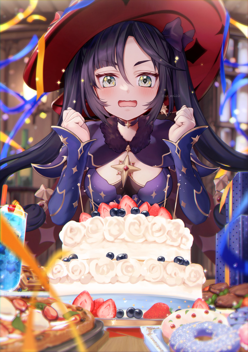 1girl absurdres asahi_(vjss4548) birthday_cake black_choker black_hair blueberry blurry blurry_background blush bottle box breasts brooch cake choker clenched_hands confetti cup donut drinking_glass earrings floating_hair food fruit fur_collar genshin_impact gift green_eyes hands_up happy_birthday hat highres jewelry medium_breasts mona_(genshin_impact) open_mouth plate single_earring solo sparkle star_(symbol) star_earrings strawberry strawberry_cake twintails waffle witch_hat