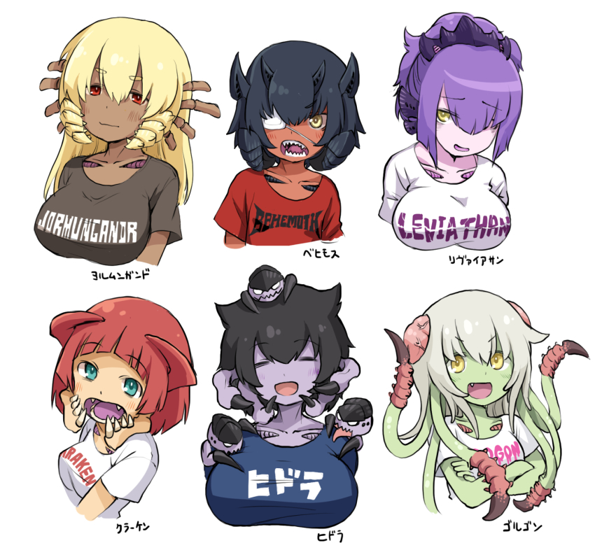 6+girls breasts closed_eyes colored_skin dark-skinned_female dark_skin eyepatch fang fangs flat_chest hair_between_eyes hair_ornament highres horns large_breasts medium_breasts monster_girl multiple_girls open_mouth orange_eyes parted_lips red_eyes shirt simple_background smile t-shirt tyranid warhammer warhammer_40k weapon white_background