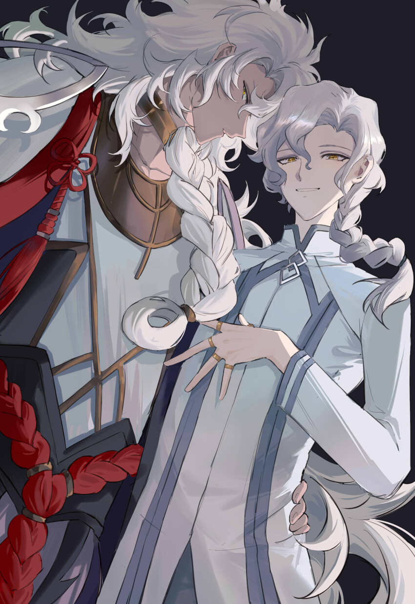 absurdres arm_across_waist braid chaldea_logo chaldea_uniform dark-skinned_male dark_skin fate/grand_order fate_(series) formal_clothes grey_vest hair_between_eyes head_chain highres jewelry long_hair long_sleeves looking_at_viewer male_focus marisbury_animusphere multiple_boys neck_ring phanta ring shirt side_braid simple_background single_braid smile solomon_(fate) suit very_long_hair vest white_hair white_suit yellow_eyes