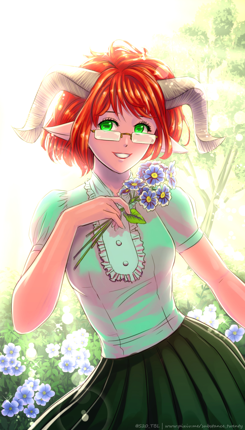 1girl :d backlighting baron_of_hell bush commentary day demon_girl doom_(series) english_commentary eyelashes female_focus flower glasses green_eyes green_shirt green_skirt hand_on_own_chest highres holding holding_flower horizontal_pupils horns looking_at_viewer looking_over_eyewear nature open_mouth outdoors personification pleated_skirt pointy_ears rectangular_eyewear red_hair shirt short_hair short_sleeves simple_background skirt smile solo substance20 tree twitter_username watermark web_address white_background