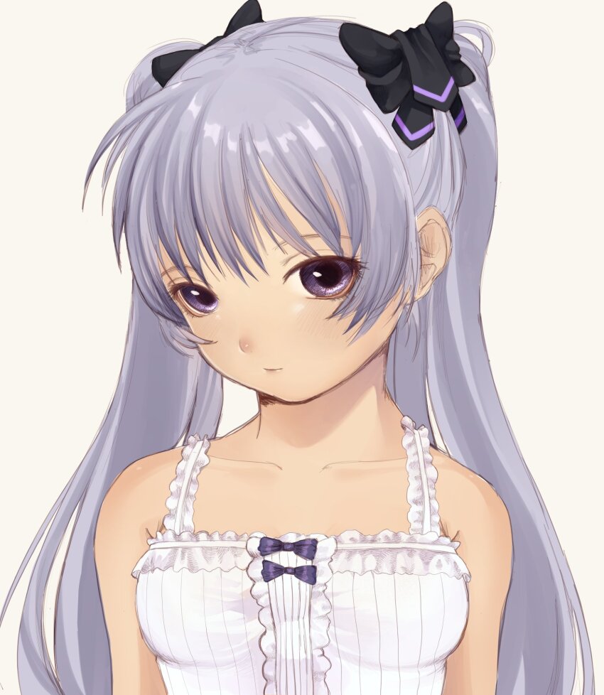1girl black_bow bow breasts camisole closed_mouth collarbone grey_hair hair_bow highres light_smile long_hair looking_at_viewer muv-luv purple_eyes rikouries simple_background sketch small_breasts solo straight_hair twintails upper_body white_background white_camisole yashiro_kasumi