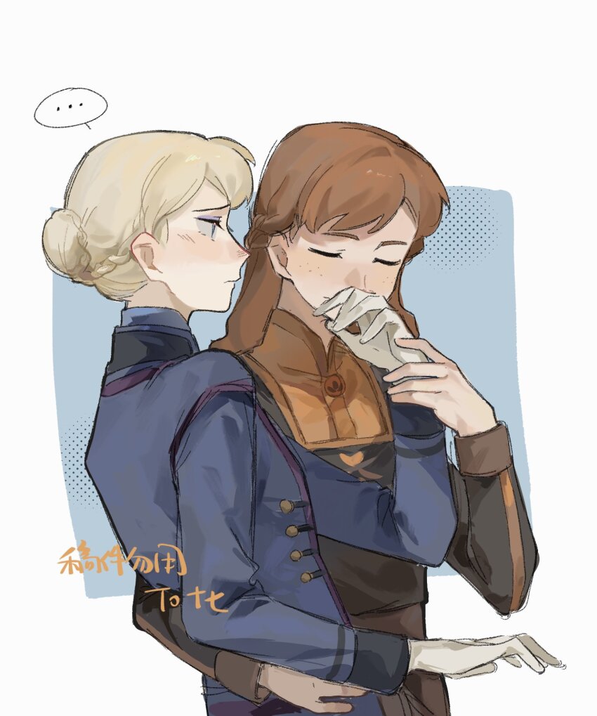 ... 2girls anna_(frozen) blonde_hair blue_background blue_eyes blue_jacket blush brown_hair chinese_commentary closed_eyes commentary_request elsa_(frozen) freckles frozen_(disney) gloves hair_bun hand_on_another&#039;s_waist highres incest jacket kiss kissing_hand long_hair long_sleeves multiple_girls siblings sisters smile spoken_ellipsis two-tone_background white_background white_gloves xuanqing227 yuri