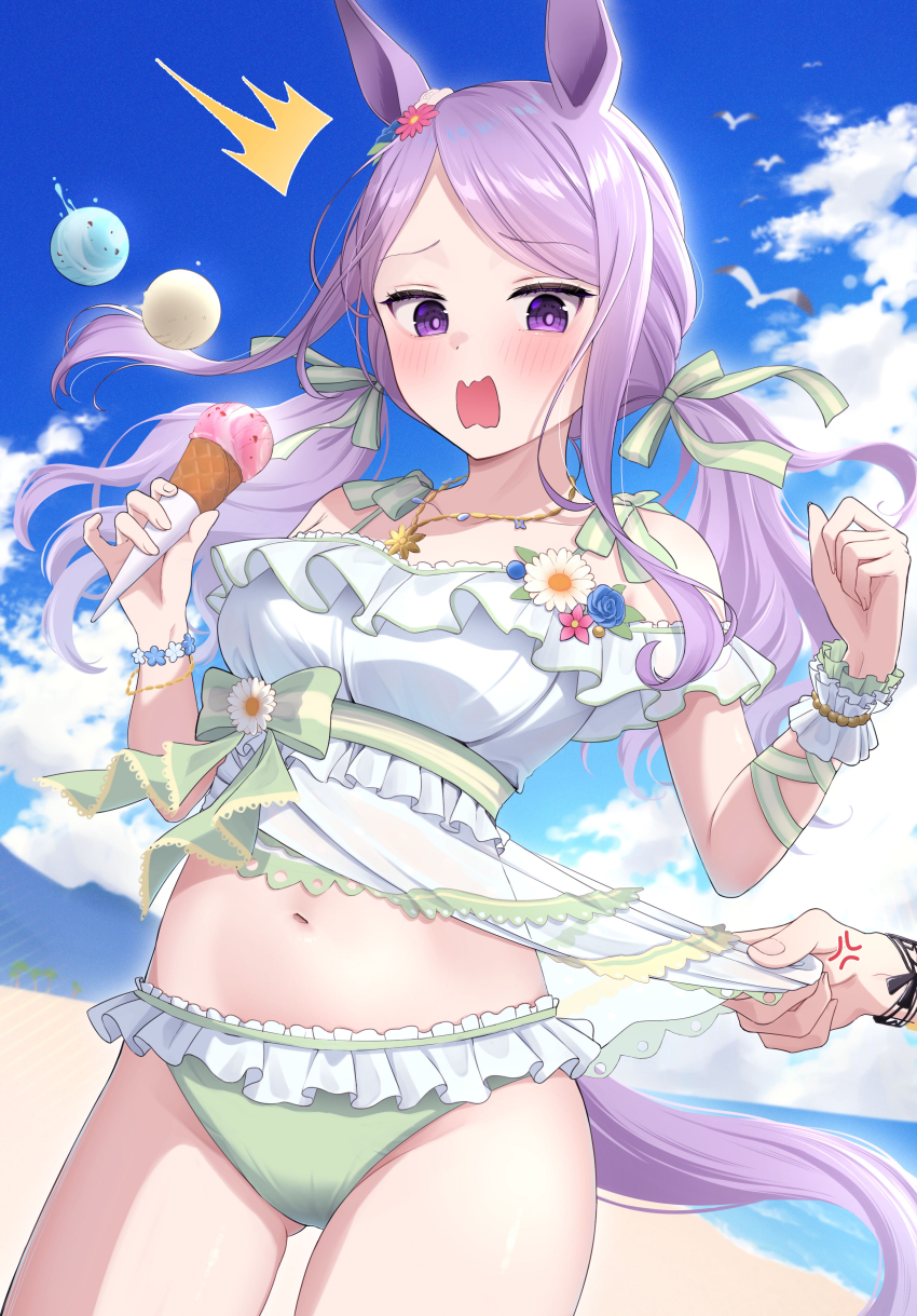 1girl absurdres animal_ears beach blue_sky breasts cloud cloudy_sky commentary_request cowboy_shot day dress ear_ornament food highres horse_ears horse_girl horse_tail ice_cream ice_cream_cone jewelry long_hair looking_at_viewer medium_breasts mejiro_mcqueen_(ripple_fairlady)_(umamusume) mejiro_mcqueen_(umamusume) navel necklace ocean official_alternate_costume open_mouth outdoors purple_eyes purple_hair sayosayo-0 scrunchie seashell_bracelet see-through_clothes sky solo_focus surprised tail umamusume water white_dress wrist_scrunchie