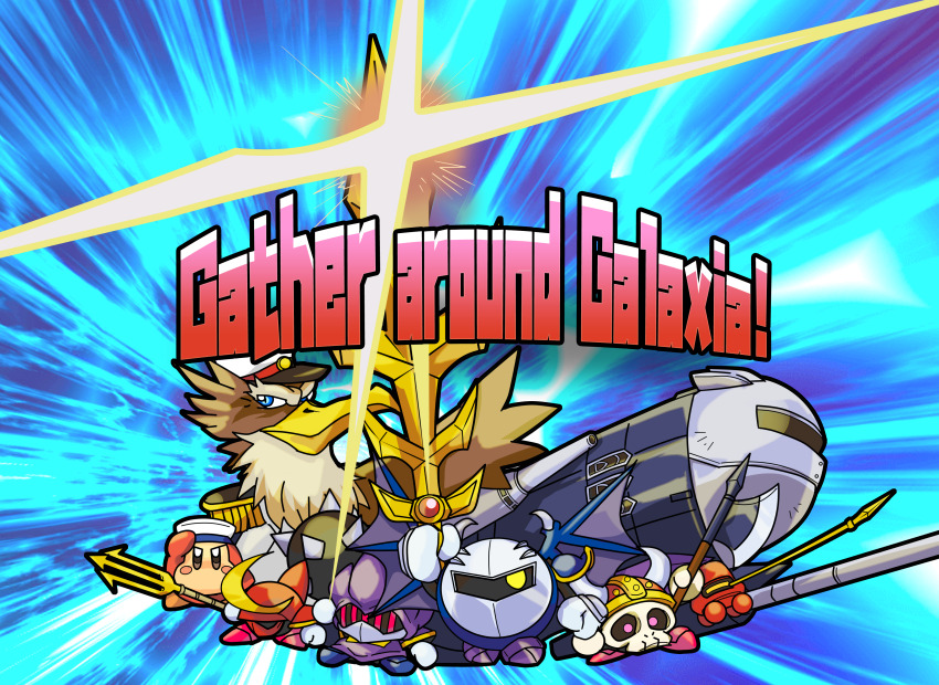 absurdres armor axe axe_knight_(kirby) bat_wings blue_background blush_stickers captain_vul fake_horns galaxia_(sword) gloves guchurimu_genrishugi halberd_(airship) hat helmet highres holding holding_axe holding_mace holding_polearm holding_sword holding_weapon horned_helmet horns javelin_(spear) javelin_knight kirby_(series) mace mace_knight meta_knight nintendo pauldrons polearm sailor_hat sailor_waddle_dee shoulder_armor skull sparkle spiked_mace spikes sword trident trident_knight weapon white_gloves wings