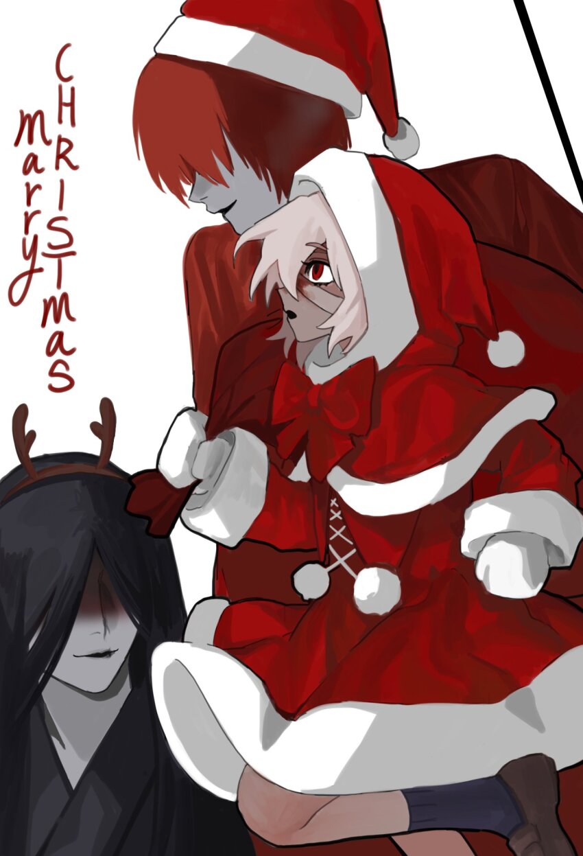1girl 2boys antlers black_hair black_kimono blood blood_on_face capelet coat commentary dress english_commentary english_text fake_antlers hat heroine_(homicipher) highres holding holding_sack homicipher horns japanese_clothes kimono merry_christmas mittens mjk_r18 mr._crawling mr._scarletella multiple_boys red_capelet red_coat red_dress red_eyes red_hair reindeer_antlers sack santa_costume santa_hat short_hair simple_background white_background