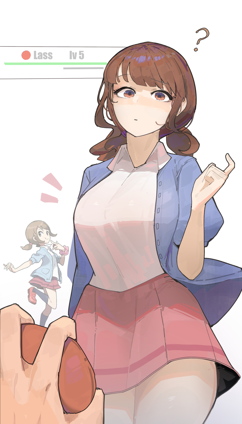 1girl absurdres azz0422 blush breasts brown_eyes brown_hair closed_mouth highres holding holding_poke_ball jacket lass_(pokemon) lass_(pokemon_oras) looking_at_viewer nintendo open_clothes pink_skirt pleated_skirt poke_ball pokemon pokemon_oras scrunchie shirt skirt smile standing twintails white_shirt wrist_scrunchie
