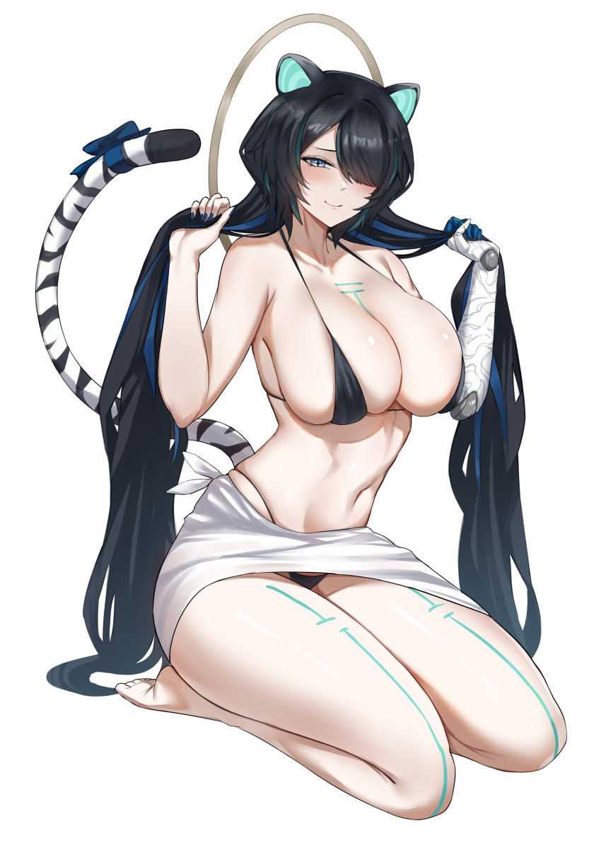 1girl absurdres animal_ears barefoot bikini black_hair blue_eyes blue_hair blue_nails blush body_markings bow breasts chest_markings cleavage collarbone colored_inner_animal_ears commentary english_commentary erina_makina grabbing_own_hair hair_over_one_eye highleg highleg_bikini highres holding holding_own_hair huge_breasts leg_markings long_hair looking_at_viewer mchiefy mechanical_arms mechanical_hands micro_bikini multicolored_hair nail_polish navel phase_connect sarong seiza simple_background single_mechanical_arm single_mechanical_hand sitting skindentation smile solo stomach streaked_hair swimsuit tail tail_bow tail_ornament thick_thighs thighs tiger_ears tiger_girl tiger_tail toned toned_female very_long_hair virtual_youtuber white_background white_sarong white_tiger_print