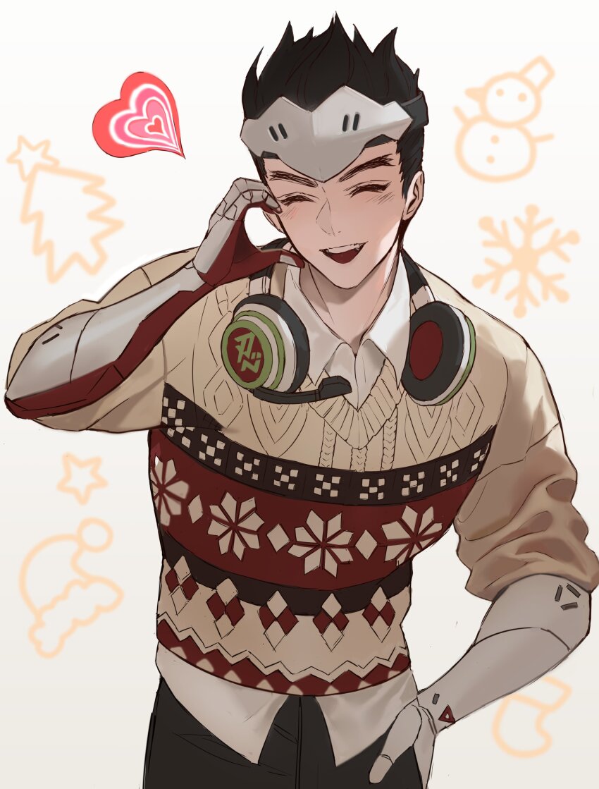 1boy absurdres black_hair black_pants christmas_sweater christmas_tree closed_eyes collared_shirt commentary cyborg english_commentary forehead_protector genji_(overwatch) hand_on_own_leg hat headphones headphones_around_neck heart highres layered_clothes male_focus overwatch pants prosthesis prosthetic_arm santa_hat shirt short_hair simple_background smile snowflakes snowman solo standing star_(symbol) sweater teeth tnd4015 triangle_mouth upper_teeth_only white_background white_shirt wing_collar
