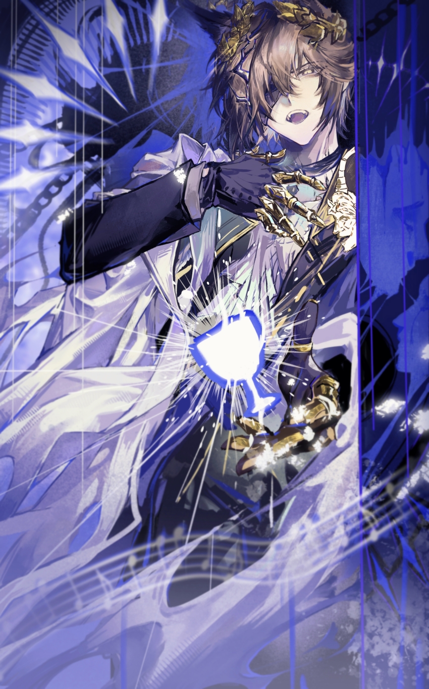1boy absurdres ancient_greek_clothes animal_ears arknights ascot beckoning black_background black_choker black_coat black_gloves black_jacket black_pants blue_sash blurry brooch brown_hair cable cape cat_boy cat_ears chalice chinese_commentary choker claw_ring coat collarbone cowboy_shot cup depth_of_field drop_shadow eyepatch fangs gloves greco-roman_clothes hair_over_one_eye half-closed_eyes hand_on_own_chest highres himation jacket jewelry laurel_crown leuan_(takeyourhards) long_sleeves looking_at_viewer male_focus material_growth multiple_rings musical_note musical_staff object_floating_above_hand one_eye_covered open_mouth oripathy_lesion_(arknights) outstretched_arm pants phantom_(arknights) ring sash scar scar_on_neck short_hair slit_pupils solo standing sunburst thumb_ring tragodia_(arknights) white_ascot white_cape yellow_eyes