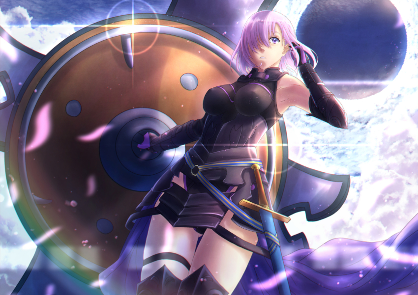 1girl armor armored_dress armpits bad_id bad_pixiv_id bodysuit breasts covered_erect_nipples dress dutch_angle elbow_gloves fate/grand_order fate_(series) from_below gloves gluteal_fold hair_over_one_eye highres mash_kyrielight mash_kyrielight_(demi-servant) mitarashi_(5333069) petals sheath sheathed shield short-haired_girl_(osomatsu-san) singularity solo sword thighhighs thighs weapon