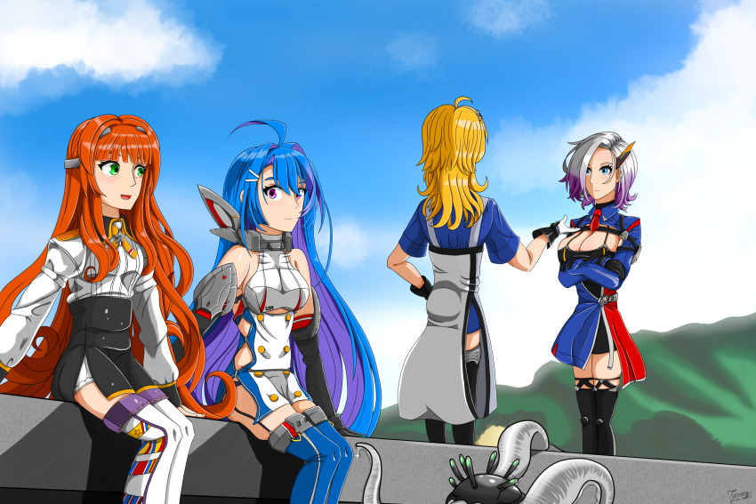 4girls ahoge azur_lane bare_shoulders black_gloves black_panties black_thighhighs blonde_hair blue_eyes blue_hair blue_thighhighs breasts cleavage clothing_cutout coat commentary country_connection elbow_gloves enemy_naval_mine_(kancolle) english_commentary flat_chest forehead garter_straps gloves gradient_hair green_eyes grey_hair hair_ornament helena_(azur_lane) helena_(kancolle) helena_(retrofit)_(azur_lane) highres kantai_collection large_breasts long_hair long_sleeves looking_at_another medium_breasts medium_hair mixed-language_commentary multicolored_coat multicolored_hair multiple_girls name_connection new_orleans_(azur_lane) orange_hair panties purple_eyes purple_hair short_hair side_cutout smile thighhighs trait_connection trungaki tuscaloosa_(kancolle) two-tone_coat two-tone_hair underboob_cutout underwear very_long_hair white_thighhighs
