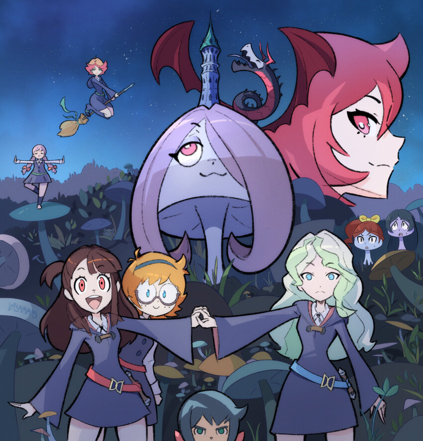 amanda_o&#039;neill barbara_parker belt black_hair blonde_hair blue_belt blue_eyes blue_headband bow braid broom broom_riding brown_hair castle constanze_amalie_von_braunschbank-albrechtsberger diana_cavendish dragon freckles glasses grass green_belt green_eyes green_ribbon hanna_england headband highres holding_hands jasminka_antonenko kagari_atsuko little_witch_academia long_hair looking_at_viewer lotsalalalas luna_nova_school_uniform multiple_girls night orange_hair ponytail red_belt red_bow red_eyes red_hair ribbon school_uniform shiny_chariot short_hair smile sucy_manbavaran twin_braids witch yellow_bow