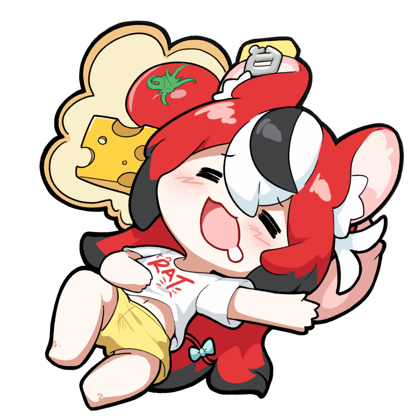 1girl absurdres animal_ear_fluff animal_ears black_hair blush bow cheese chibi closed_eyes clothes_writing drooling food full_body hakos_baelz highres hololive hololive_english long_hair lying mouse_ears mouse_girl mouse_tail multicolored_hair navel open_mouth red_hair shirt shorts sleeping smile snowmya solo speech_bubble stomach t-shirt tail tail_bow tail_ornament thought_bubble tomato transparent_background virtual_youtuber white_hair white_shirt yellow_shorts