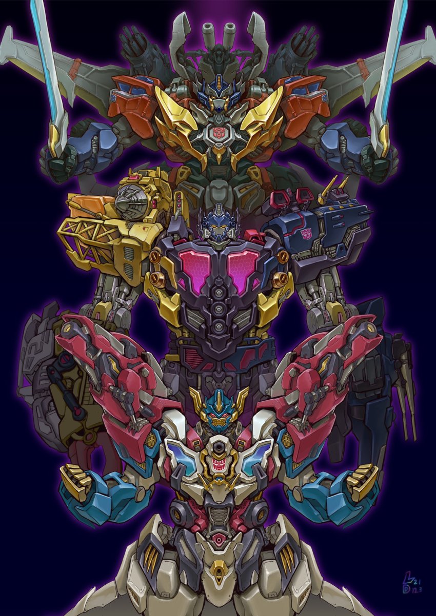 autobot chinese_commentary clenched_hands ct990413 drill dual_wielding galaxy_convoy glowing glowing_eyes grand_convoy highres holding holding_sword holding_weapon jetfire mecha mechanical_wings no_humans omega_supreme optimus_prime overload_(transformers) pink_eyes robot shoulder_cannon sword transformers transformers_armada transformers_cybertron transformers_energon transformers_unicron_trilogy weapon wing_saber wings yellow_eyes