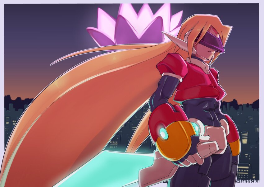 1boy android armor assault_visor blonde_hair blurry blurry_background city cowboy_shot crotch_plate energy_sword facial_mark forehead_mark girouette_(mega_man) glowing gradient_sky highres holding holding_sword holding_weapon lautricius long_hair male_focus mega_man_(series) mega_man_zx model_z_(mega_man) red_armor reverse_grip sky solo sunset sword twitter_username weapon