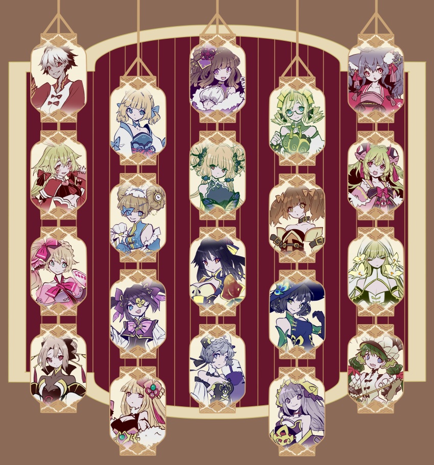 1boy 6+girls absurdres anastasia_(brown_dust) angelica_(brown_dust) animal_ear_fluff animal_ears arines_(brown_dust) armpits black_hair blonde_hair blue_hat blush breasts brown_dust_(series) brown_dust_2 brown_hair capelet cat_ears charm_(object) china_dress chinese_clothes cleavage closed_mouth cropped_torso demon_horns detached_sleeves double_bun dress drill_hair eleaneer_(brown_dust_2) eyepatch glacia_(brown_dust) green_hair grey_hair hair_between_eyes hair_bobbles hair_bun hair_ornament hairband hand_fan hat helena_(brown_dust) highres holding holding_fan horns julie_(brown_dust) juliet_sleeves justia_(brown_dust) large_breasts large_hat lathel_(brown_dust) layla_(brown_dust) lecliss_(brown_dust) liatris_(brown_dust) long_sleeves lydia_(brown_dust) medium_breasts multiple_girls open_mouth ponytail puffy_sleeves purple_capelet purple_hair rigenette_(brown_dust) rou_(brown_dust) samay_(brown_dust_2) scheherazade_(brown_dust) seir_(brown_dust) short_twintails sleeveless sleeveless_dress small_breasts small_horns smile strapless strapless_dress teresse_(brown_dust) tn_scallion twin_drills twintails ventana_(brown_dust)