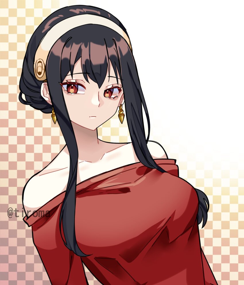 1girl absurdres bare_shoulders black_hair breasts checkered_background closed_mouth collarbone dress earrings gold_earrings hair_between_eyes hairband highres jewelry long_hair looking_at_viewer medium_breasts off-shoulder_dress off_shoulder red_dress red_eyes sidelocks solo spy_x_family tiroma twitter_username updo upper_body white_hairband yor_briar