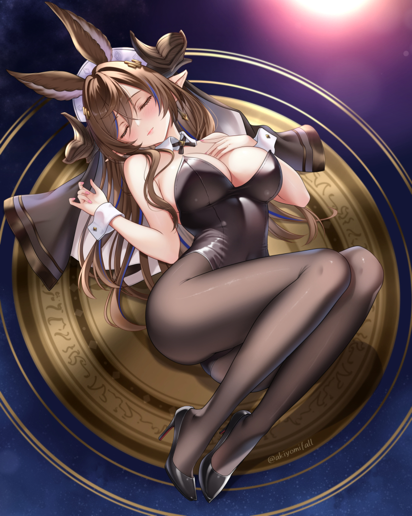 1girl akiei alternate_costume animal_ears bare_shoulders black_leotard black_pantyhose breasts brown_hair brown_horns cleavage closed_eyes closed_mouth commentary_request draph erune extra_ears galleon_(granblue_fantasy) granblue_fantasy hair_between_eyes high_heels highres horns large_breasts leotard long_hair multicolored_hair nontraditional_playboy_bunny pantyhose partial_commentary patent_heels pointy_ears pumps purple_streaks red_soles shoes smile solo stiletto_heels strapless strapless_leotard streaked_hair white_wrist_cuffs wrist_cuffs