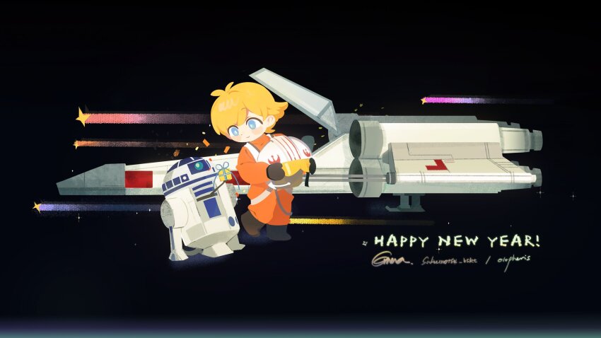 1boy artist_name astromech_droid black_background blonde_hair blue_eyes boots box brown_boots brown_gloves chinese_commentary closed_mouth commentary_request confetti droid full_body gift gift_box gloves happy_new_year helmet highres holding holding_helmet long_sleeves luke_skywalker male_focus new_year olopheris r2-d2 rebel_flight_suit shooting_star short_hair signature simple_background smile solo spacecraft sparkle star_wars starfighter t-65_x-wing twitter_username x-wing
