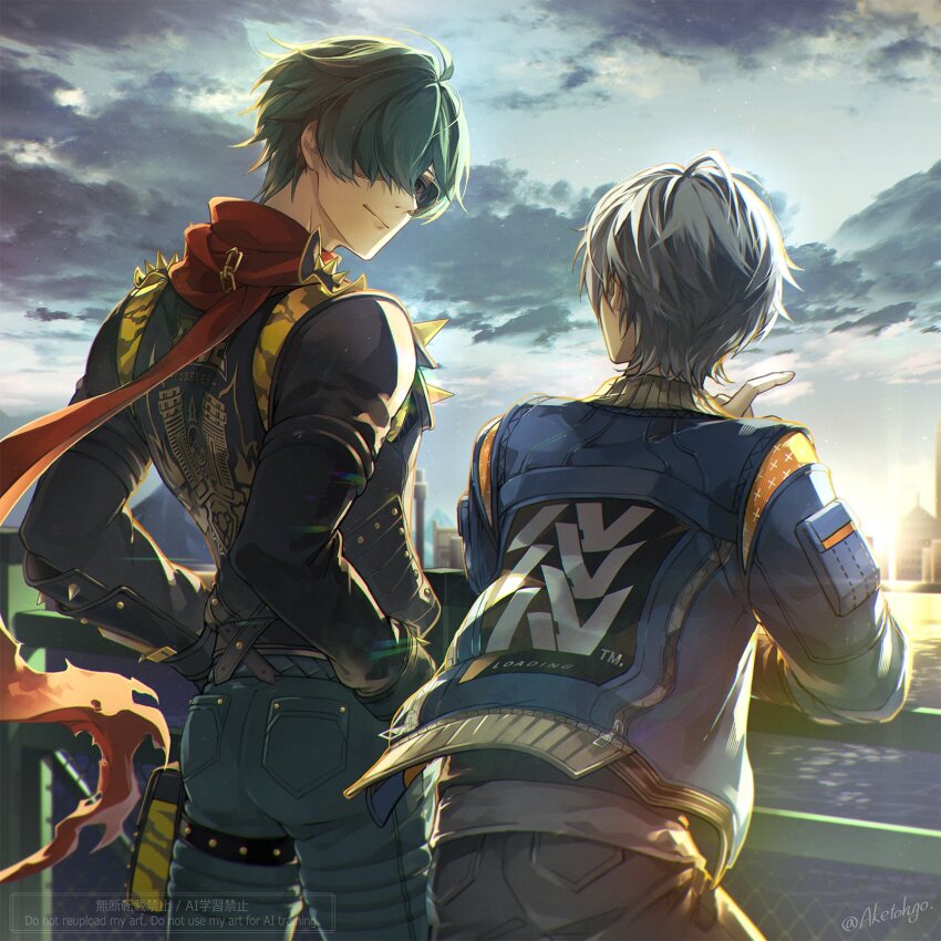 2boys ahoge aketohgo artist_name belt black_belt black_boots black_gloves black_jacket black_shirt blue_hair blue_jacket blue_pants blue_sky boots buttons closed_mouth crossed_bangs floating_scarf gloves green_eyes grey_hair grey_pants hair_between_eyes hair_over_one_eye hand_in_pocket hand_on_railing highres jacket leather leather_jacket lighter_(zenless_zone_zero) long_sleeves male_focus multiple_boys one_eye_covered open_clothes open_jacket outdoors pants scarf shirt short_hair short_sleeves shoulder_spikes sky smile spikes sunglasses sunlight twitter_username watermark wise_(zenless_zone_zero) zenless_zone_zero