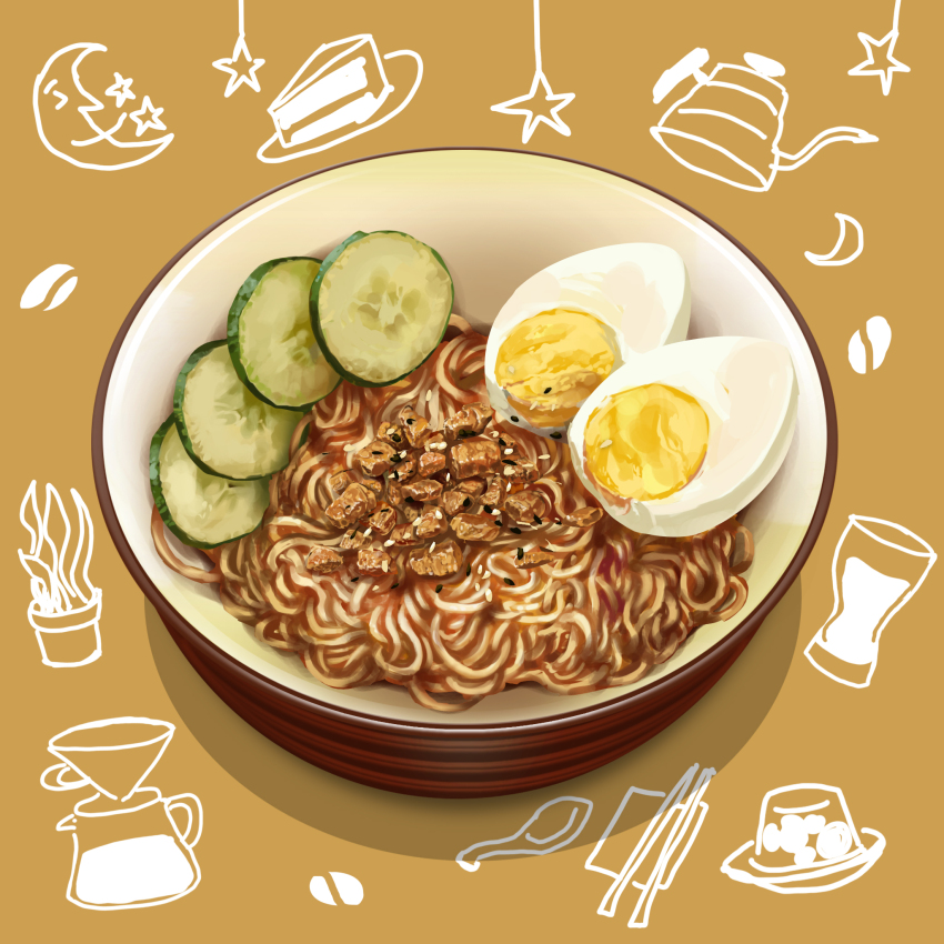 bowl brown_background crescent_moon cucumber cucumber_slice food food_focus hardboiled_egg highres lefty_lai meat moon moon_with_face no_humans noodles original shadow star_(symbol) still_life teapot