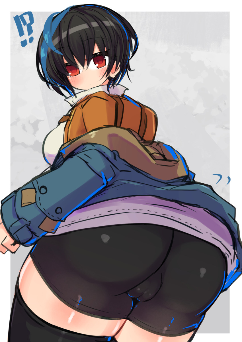 !? 1girl arc_system_works ass ass_focus bike_shorts black_hair blue_hair blush breasts cameltoe from_behind guilty_gear guilty_gear_strive highres huge_ass icoo jacket large_breasts looking_at_viewer multicolored_hair red_eyes short_hair short_shorts shorts sideboob solo thick_thighs thighhighs thighs two-tone_hair unika_(guilty_gear)