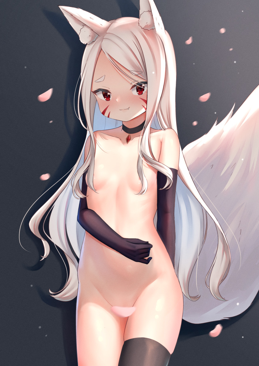1girl absurdres animal_ear_fluff animal_ears black_choker black_gloves black_thighhighs blush breasts choker convenient_censoring elbow_gloves facial_mark fang fang_out fox_ears fox_girl fox_tail gloves hair_censor hair_over_breasts highres jewelry long_hair looking_at_viewer nose_blush nude pendant pendant_choker petal_censor petals ray_peng red_eyes sewayaki_kitsune_no_senko-san shiro_(sewayaki_kitsune_no_senko-san) single_thighhigh small_breasts smile tail thighhighs whisker_markings white_hair