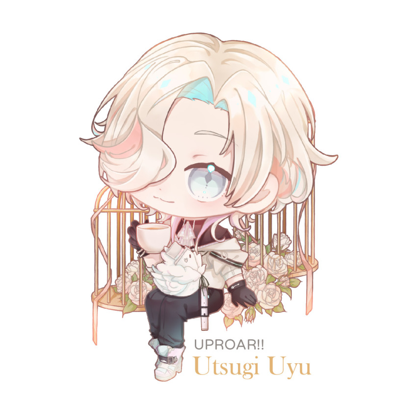 1boy :3 ankle_boots aqua_hair arm_support ascot bird bird_on_lap birdcage black_gloves black_pants black_shirt blue_boots boots bracelet cage character_name chibi chibi_only cup curtained_hair flower gloves grey_eyes group_name hair_over_one_eye head_tilt highres holding holding_cup holostars invisible_chair jacket jewelry jyako_(utsugi_uyu) looking_at_viewer lumu_111 male_focus medium_hair multicolored_boots multicolored_hair off_shoulder pants pigeon pink_boots pink_hair purple_ascot purple_hair rose shirt side_part simple_background sitting smile solo streaked_hair teacup turtleneck two-tone_boots utsugi_uyu utsugi_uyu_(1st_costume) virtual_youtuber white_background white_flower white_hair white_jacket white_rose