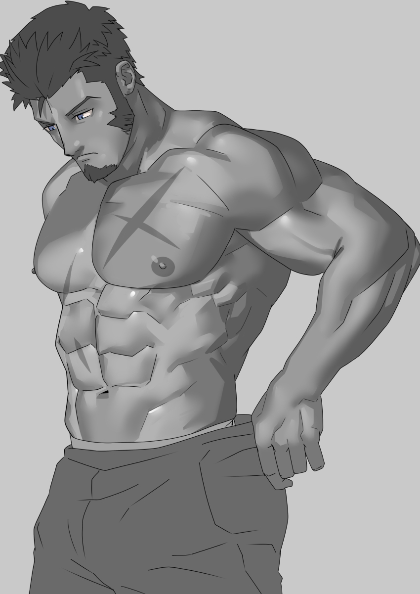 1boy abs bara dressing facial_hair fate/grand_order fate_(series) goatee greyscale highres large_pectorals long_sideburns male_focus mature_male monmonhomon monochrome muscular muscular_male napoleon_bonaparte_(fate) navel nipples pectorals scar scar_on_chest shiny_skin sideburns solo standing stomach topless_male unfinished