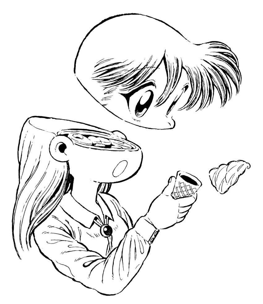 15ooo 1girl brain cropped_torso food highres holding holding_ice_cream_cone ice_cream ice_cream_cone jewelry long_hair long_sleeves monochrome necklace open_mouth original simple_background sliced solo split_head white_background