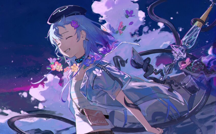 1boy arknights bag black_hat blue_flower blue_hair closed_eyes closed_umbrella cup flower flower_wreath grin hair_ornament hat highres infection_monitor_(arknights) jellyfish_hair_ornament jewelry male_focus mizuki_(arknights) mizuki_(summer_feast)_(arknights) multicolored_hair night outdoors pink_flower purple_flower purple_hair shirt short_sleeves smile solo tentacles trap umbrella water waves yellow_flower yuyin_(uzrv7533)