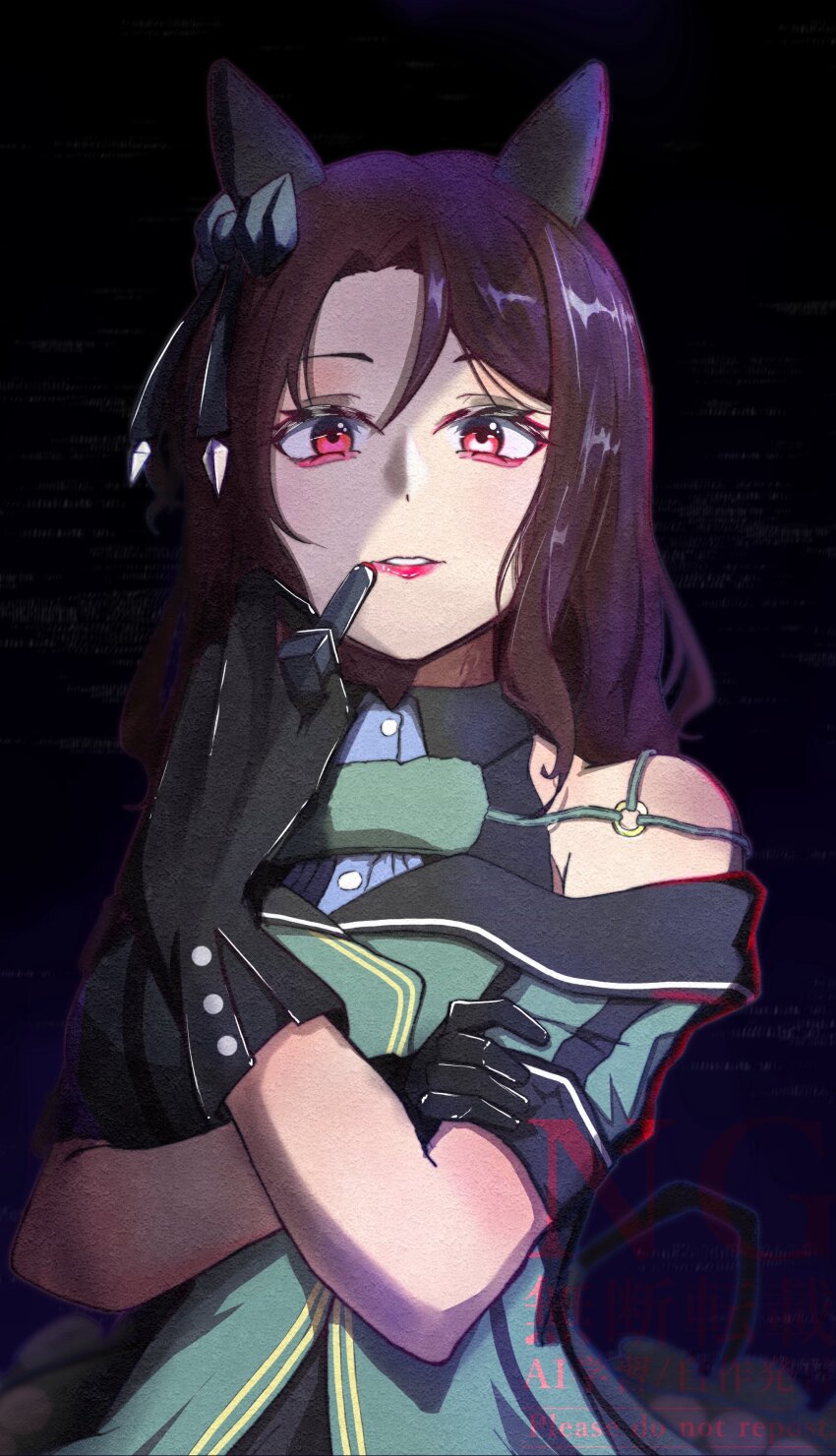 1girl absurdres animal_ears black_gloves brown_hair cosmetics dress ear_covers gloves green_dress highres holding holding_lipstick_tube horse_ears horse_girl king_halo_(umamusume) kisaragi1304 lipstick_tube looking_at_viewer red_eyes red_lips smile solo umamusume
