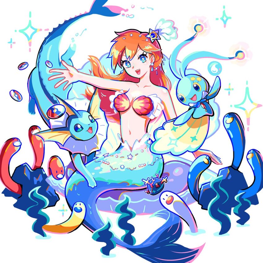 1girl :d blue_eyes bright_pupils character_hair_ornament collarbone commentary coral earrings eyelashes ffccll gen_1_pokemon gen_4_pokemon hair_ornament happy highres jewelry legendary_pokemon long_hair manaphy mermaid mermaid_costume mermaid_misty_(pokemon) misty_(pokemon) monster_girl mythical_pokemon nintendo open_mouth orange_hair outstretched_arm pokemon pokemon_(anime) pokemon_(classic_anime) pokemon_(creature) shell shell_bikini smile sparkle teeth tongue upper_teeth_only vaporeon white_background white_pupils wiglett wugtrio