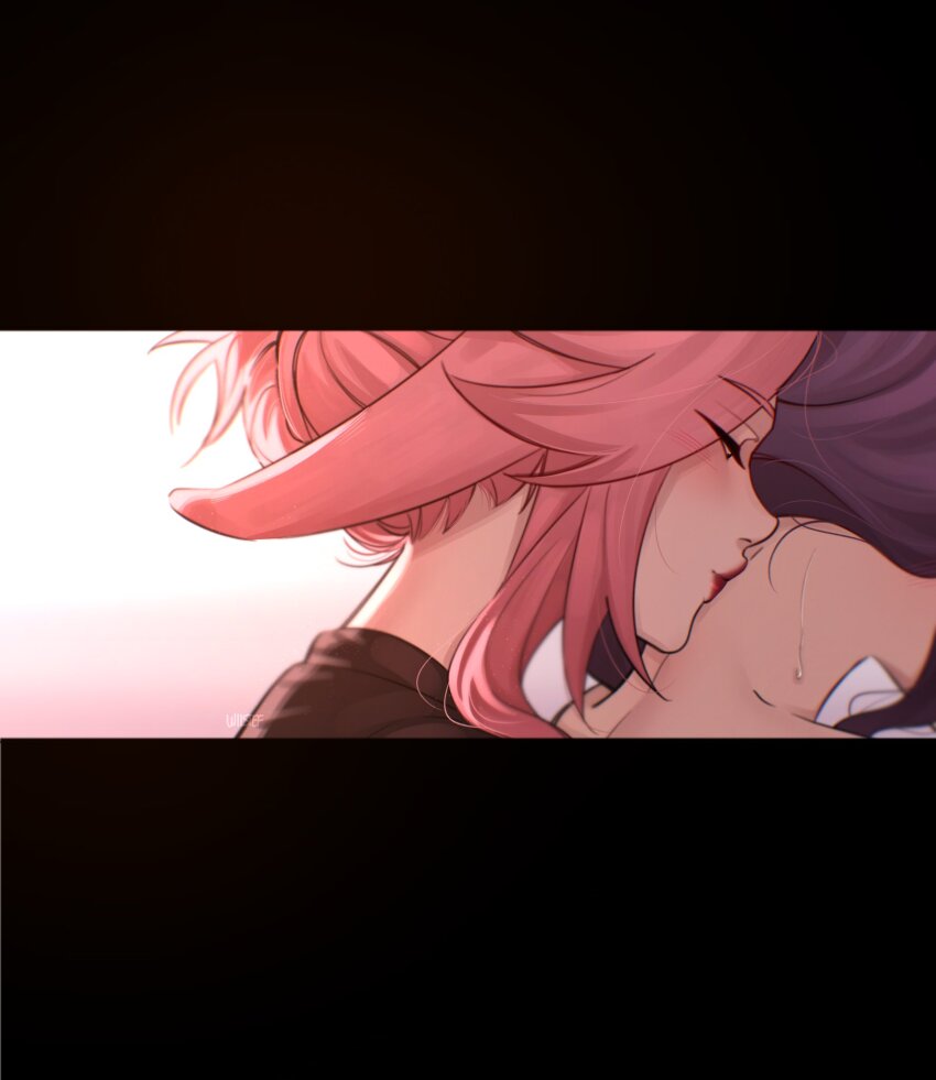 2girls animal_ears blush floppy_ears fox_ears from_side genshin_impact highres kiss kissing_neck letterboxed lipstick makeup multiple_girls pink_hair purple_hair raiden_shogun sweat wiistef yae_miko yuri