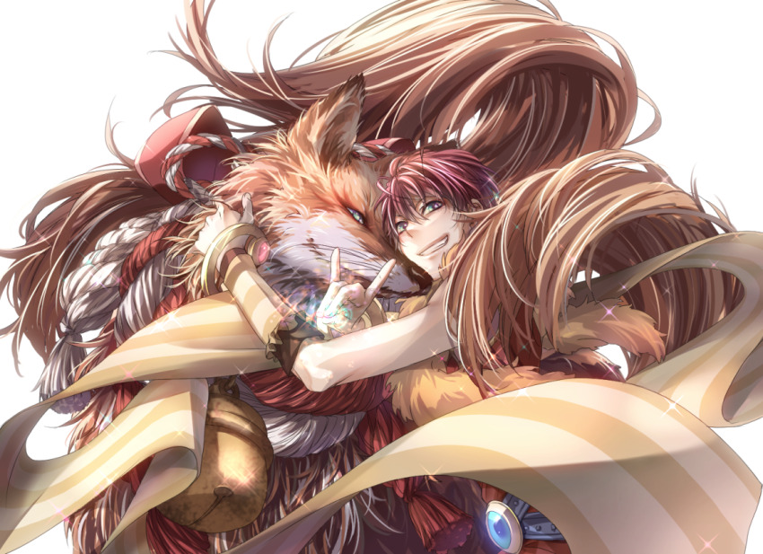 1boy belt blue_belt brown_sleeves commentary_request detached_sleeves fox fox_shadow_puppet green_eyes grin hair_between_eyes looking_at_viewer male_focus pink_hair professor_(ragnarok_online) ragnarok_online red_shirt rope sahar shimenawa shirt simple_background sleeveless sleeveless_shirt smile solo upper_body white_background white_sleeves