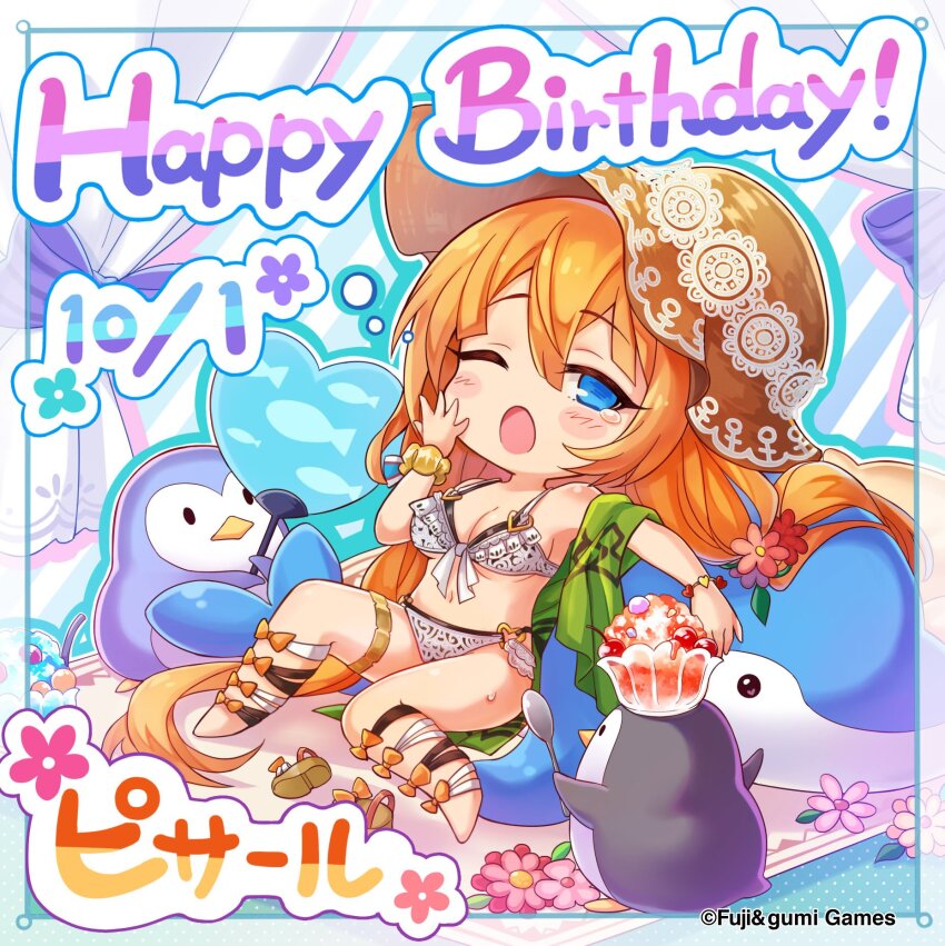1girl animal_print bikini bird birthday blue_eyes blush blush_stickers border breasts character_name chibi cleavage commentary_request company_name copyright_notice dated fanning_face fish_print flower food full_body g-row hair_between_eyes hair_flower hair_ornament hand_fan hand_up happy_birthday hat highres holding holding_fan holding_spoon long_hair looking_at_viewer official_alternate_costume official_art one_eye_closed open_mouth orange_hair paper_fan penguin phantom_of_the_kill pisarl_(phantom_of_the_kill) sandals second-party_source shaved_ice sitting spoon sun_hat swimsuit tearing_up towel uchiwa unworn_footwear very_long_hair whale white_bikini yawning