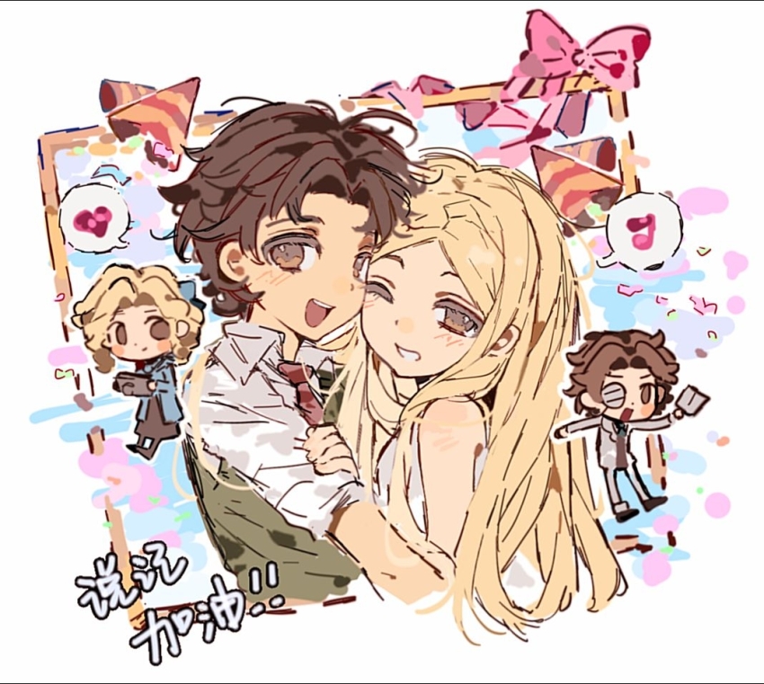 1boy 2girls alice_deross black_dress blonde_hair blue_coat blush_stickers bow brown_hair camisole chibi chinese_commentary closed_mouth coat collared_shirt colored_eyelashes commentary_request curtained_hair dress green_vest grey_jacket grey_pants hand_on_another&#039;s_arm heart identity_v jacket long_hair male_focus memory_(identity_v) monocle multiple_girls musical_note necktie open_clothes open_jacket open_mouth orpheus_(identity_v) pants parted_bangs pink_bow red_necktie shirt short_hair sleeves_rolled_up smile speech_bubble spoken_heart spoken_musical_note teeth upper_teeth_only vest white_camisole white_shirt xinjinjumin4931941