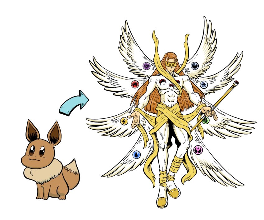 1boy angel angel_wings arrow_(symbol) bodysuit brown_hair commentary digimon digimon_(creature) eevee english_commentary gen_1_pokemon highres long_hair multiple_wings nintendo parody pokemon pokemon_(creature) sam_o simple_background visor white_background white_bodysuit white_wings wings
