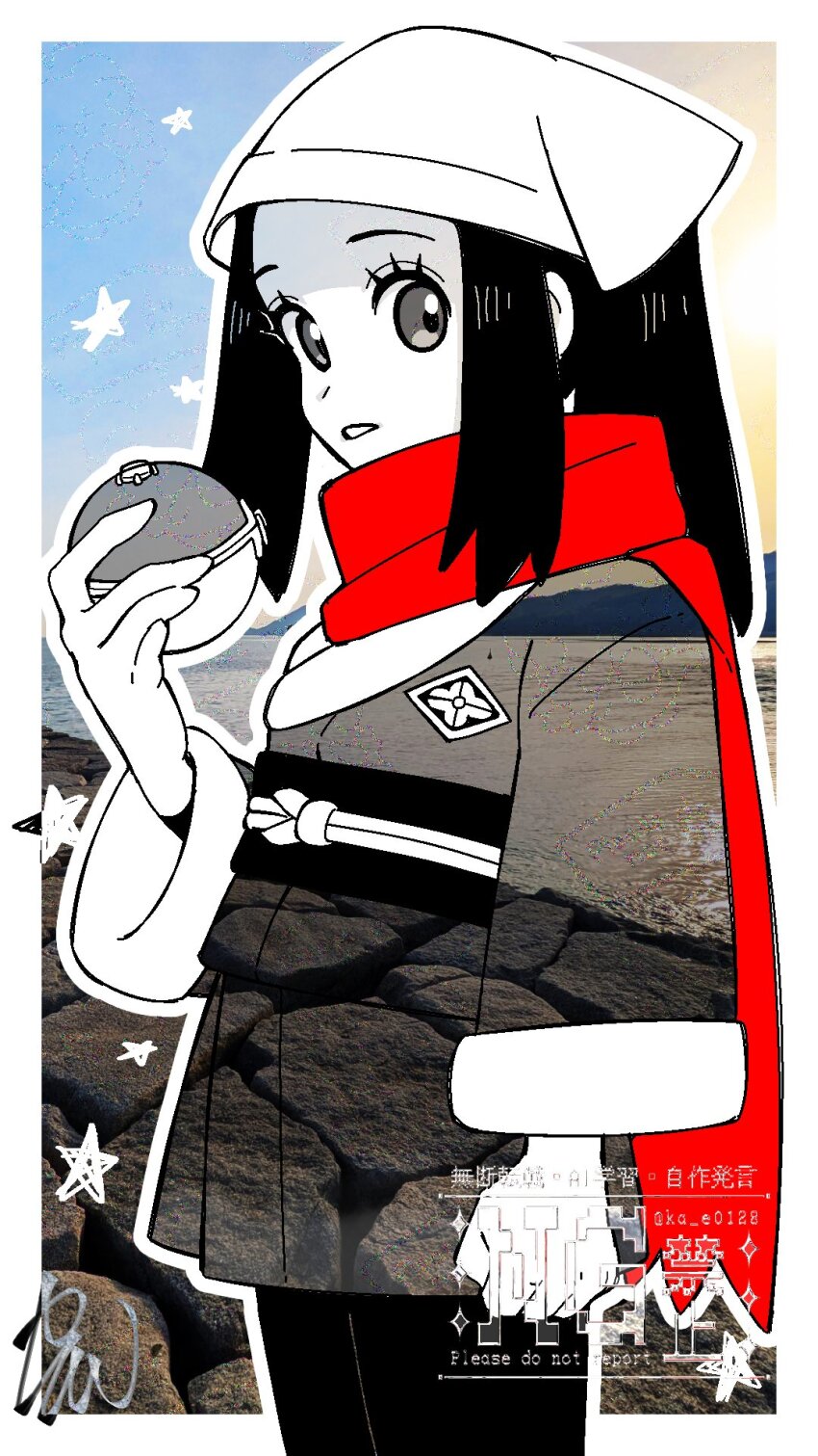 1girl akari_(pokemon) black_hair black_pantyhose clenched_hand eyelashes grey_eyes hana_e_(ka_e0128) headscarf highres hisuian_poke_ball holding holding_poke_ball jacket long_sleeves looking_to_the_side nintendo outline pantyhose poke_ball pokemon pokemon_legends:_arceus red_scarf scarf sidelocks skirt solo star_(symbol) teeth watermark