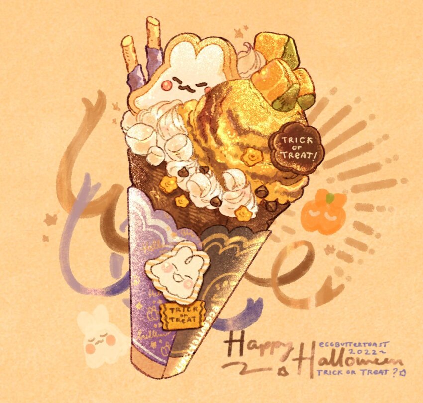 2022 animal-themed_food artist_name cantaloupe cantaloupe_slice chocolate_chip commentary cookie emphasis_lines english_commentary english_text food food_focus fruit ghost gold_ribbon halloween happy_halloween highres ice_cream ice_cream_cone jack-o&#039;-lantern marshmallow melon nao_(bestrollever) no_humans orange_background original pocky purple_ribbon ribbon simple_background sparkle star_(symbol) trick_or_treat