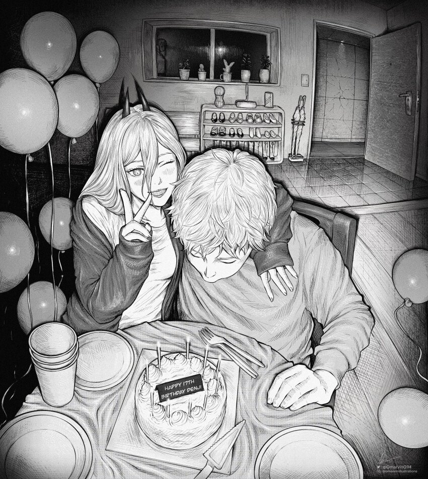 1boy 2girls absurdres balloon birthday_cake black_necktie blowing_candle blush cake candle chainsaw_man cup demon_horns denji_(chainsaw_man) disposable_cup dress_shirt food fork greyscale hand_on_another&#039;s_neck highres horns horror_(theme) jacket knife lipstick long_hair looking_at_viewer looking_down looking_through_window makeup marvin_(omarvin) monochrome multiple_girls necktie one_eye_closed open_door open_mouth plant plate power_(chainsaw_man) sharp_teeth shirt shoes smile teeth umbrella v vase window