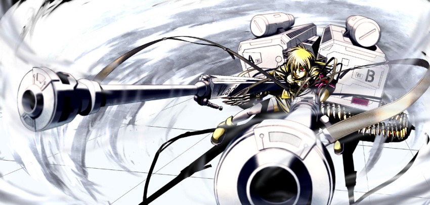 1girl ammunition ammunition_belt anti-materiel_cartridge anti-materiel_rifle autocannon blonde_hair boots bullet cannon cannon_cartridge dendrobium_schema explosive female_focus foreshortening grenade grenade_cartridge gun hair_over_one_eye harkonnen_ii hellsing huge_weapon miniskirt red_eyes rifle rifle_grenade seras_victoria skirt sniper_rifle solo tect thighhighs uniform vladimir_(hellsing) weapon wind