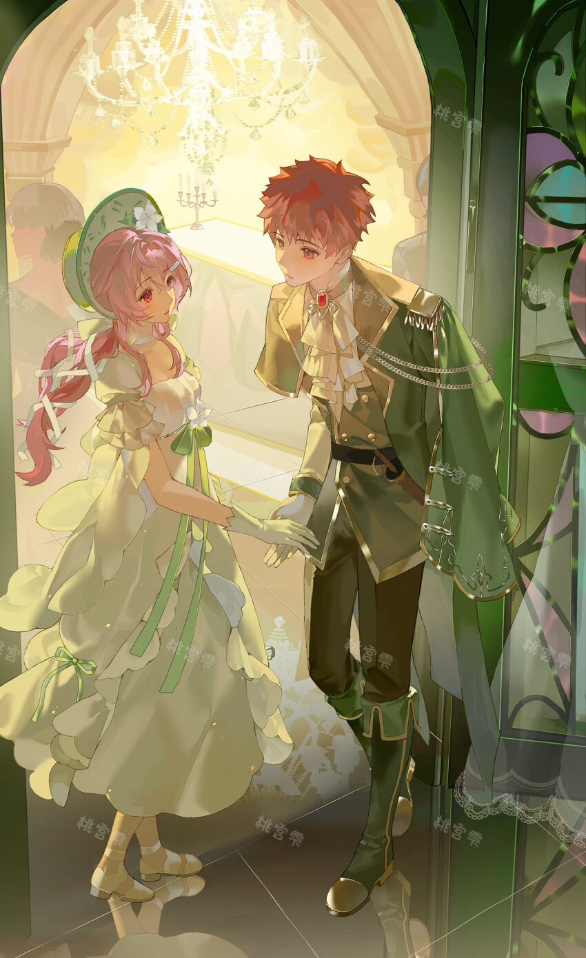 1girl aristocratic_clothes artist_request bow breasts building cape castle closed_mouth couple cross cross_print dress emiya_shirou fate/stay_night fate_(series) feather_collar feather_trim flower gloves gown green_background green_cape green_ribbon green_theme hair_ornament hat highres jewelry long_hair momomiya_shizuku_(gaoyue_jixiang) oc_x_canon orange_hair original ornate_clothes pastels pink_eyes prince princess print_ribbon queen red_hair ribbon sleeveless sleeveless_dress smile strapless strapless_dress sundress watermark weibo_watermark white_dress white_gloves xiao_guan_(headdress)
