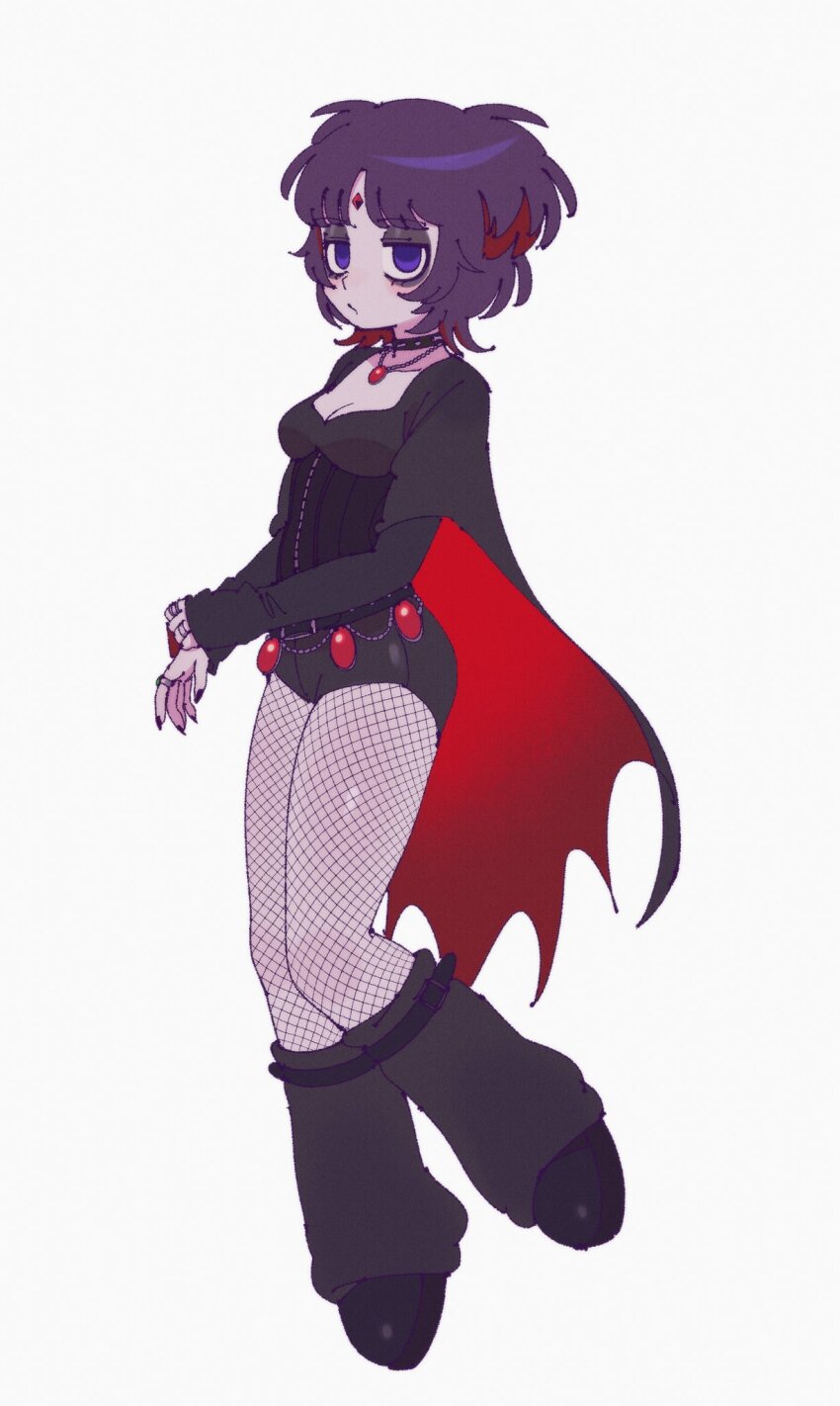 1girl animification batrobin_k cape colored_skin dc_comics fishnet_pantyhose fishnets forehead_jewel grey_skin highres looking_at_viewer pantyhose purple_hair raven_(dc) short_hair solo superhero_costume teen_titans