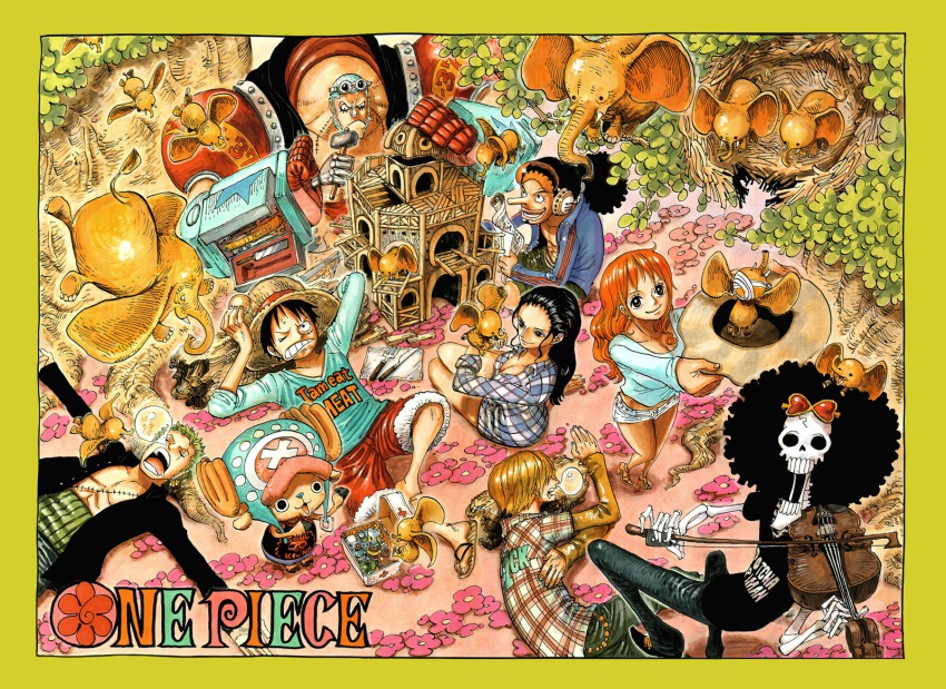 10s 2012 2girls 6+boys afro bandanges birdhouse black_hair black_shirt blue_hair border bottle box breasts brook_(one_piece) chisel cleavage color_spread copyright_name cover cover_page cyborg denim doctor elephant eyewear_on_head first_aid_kit flower fork franky_(one_piece) goggles goggles_on_head green_hair hammer haramaki hat headphones highres jeans monkey_d._luffy multiple_boys multiple_girls nami_(one_piece) nest nico_robin oda_eiichirou official_art one-eyed one_piece open_clothes open_shirt orange_hair pants plaid_clothes plaid_shirt red_shorts reindeer roronoa_zoro sandals scar shirt shorts skeleton sleeping straw_hat sunglasses tony_tony_chopper tree usopp
