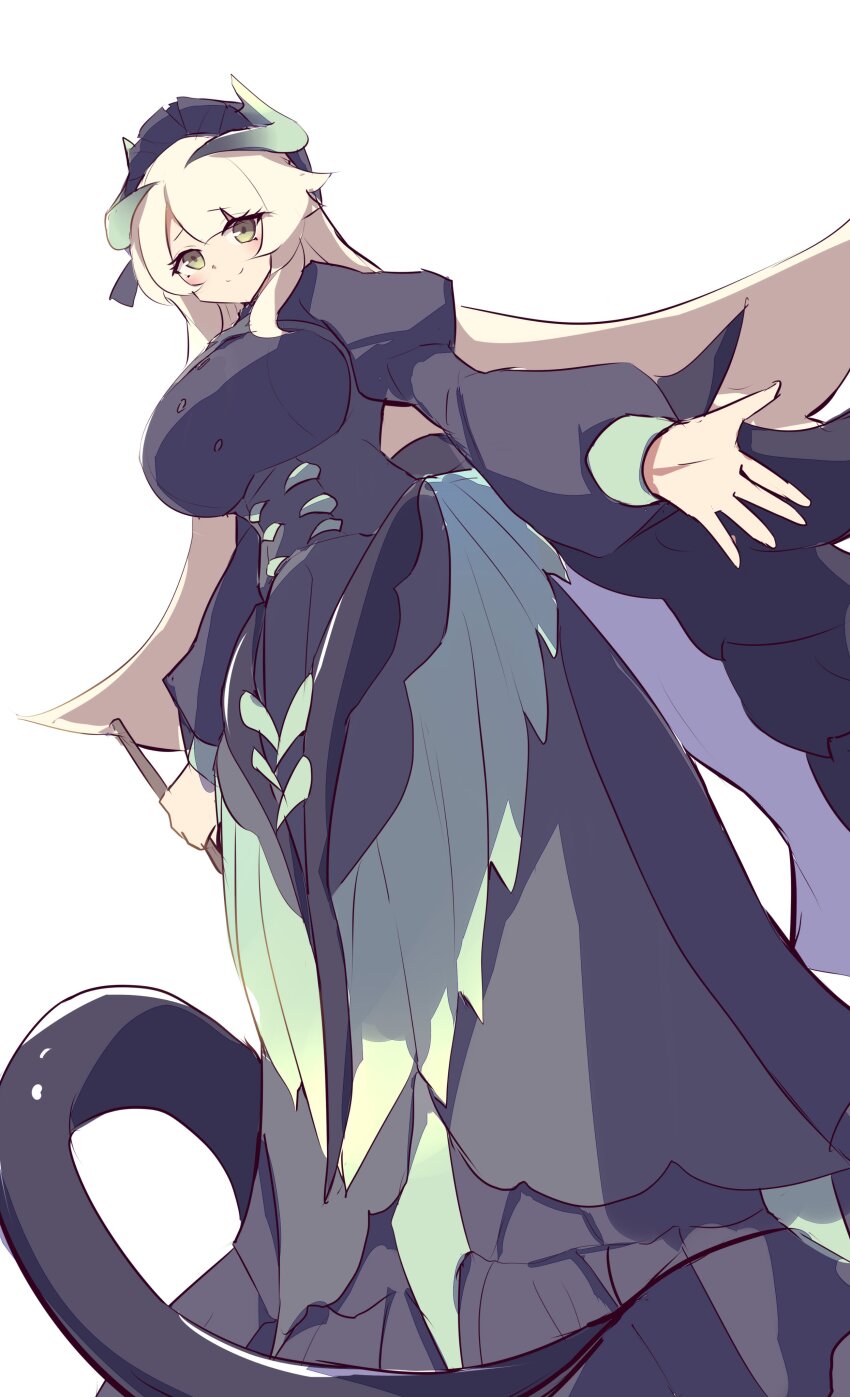 1girl absurdres blush breasts chamber_dragonmaid closed_mouth dragon_girl dragon_horns dragon_tail dragon_wings duel_monster duster feathered_wings from_below highres holding holding_duster horns kanzakietc large_breasts long_hair long_sleeves maid maid_headdress puffy_long_sleeves puffy_sleeves simple_background smile solo tail white_background white_hair wings yellow_eyes yu-gi-oh!