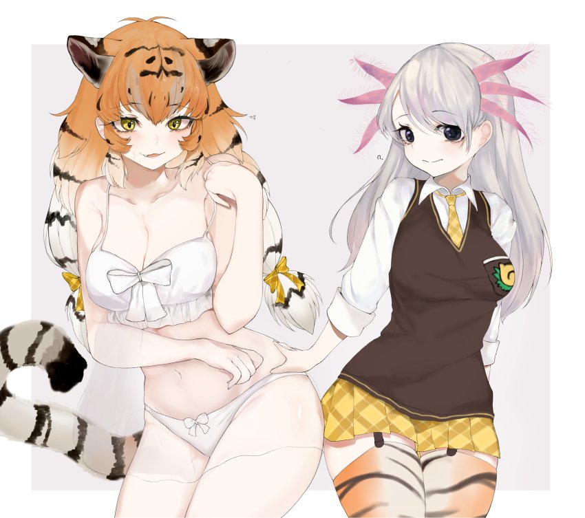 2girls :3 ? animal_ear_fluff animal_ears animal_print bare_shoulders black_eyes black_hair bow bow_panties breasts brown_vest collarbone cosplay costume_switch dnsdltkfkd fang garter_straps gradient_hair grey_background hair_ribbon highres kemono_friends large_breasts long_hair long_sleeves looking_at_viewer low_twintails mexico_salamander_(kemono_friends) mexico_salamander_(kemono_friends)_(cosplay) multicolored_hair multiple_girls navel necktie orange_hair panties parted_lips plaid_clothes plaid_necktie plaid_neckwear plaid_ribbon plaid_skirt pleated_skirt ribbon see-through_clothes shirt siberian_tiger_(kemono_friends) siberian_tiger_(kemono_friends)_(cosplay) simple_background skirt smile tail thighhighs tiger_ears tiger_print tiger_tail tress_ribbon twintails underwear vest white_hair white_panties white_shirt wing_collar yellow_eyes yellow_neckwear yellow_ribbon yellow_skirt