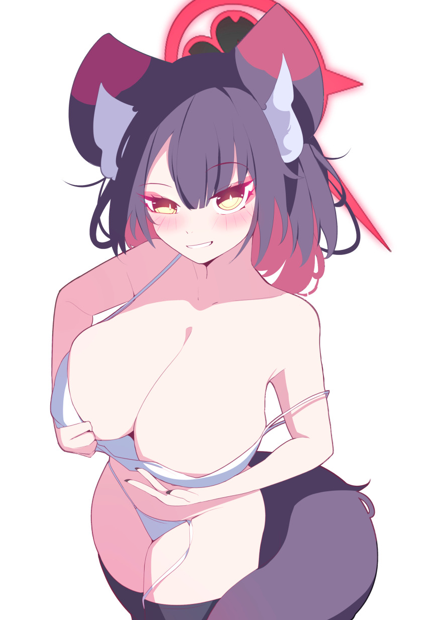 1girl absurdres alternate_costume alternate_hair_length alternate_hairstyle amebrew animal_ear_fluff animal_ears black_hair black_thighhighs blue_archive bra breasts cleavage colored_inner_hair fox_ears fox_girl fox_tail highres large_breasts looking_at_viewer multicolored_hair panties red_hair solo tail thighhighs two-tone_hair underwear wakamo_(blue_archive) white_bra white_panties yellow_eyes