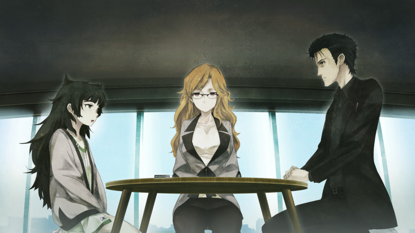1boy 2girls beard_stubble belt belt_buckle black_cardigan black_hair black_jacket black_pants black_pantyhose black_shirt blonde_hair blouse blunt_bangs breast_pocket breasts buckle cardigan chair closed_mouth clothing_request collar collarbone collared_shirt dress expressionless facial_hair flat_chest game_cg glasses green_collar green_dress green_eyes green_hair green_trim grey_jacket hair_between_eyes hands_on_table high_heels highres hiyajou_maho huke indoors jacket jacket_over_dress jitome kiryuu_moeka lapels large_breasts long_hair long_sleeves looking_at_another looking_at_viewer messy_hair miniskirt multiple_girls non-web_source notched_lapels object_in_pocket office_lady official_art okabe_rintarou okabe_rintarou_(beta) on_chair open_mouth pants pantyhose pen_in_pocket pink_eyes pocket ringed_eyes serious shirt shoes short_hair sideburns_stubble sitting skirt steins;gate steins;gate_0 stubble table thick_eyebrows thick_thighs thighs very_long_hair white_shirt white_shoes window yellow_eyes